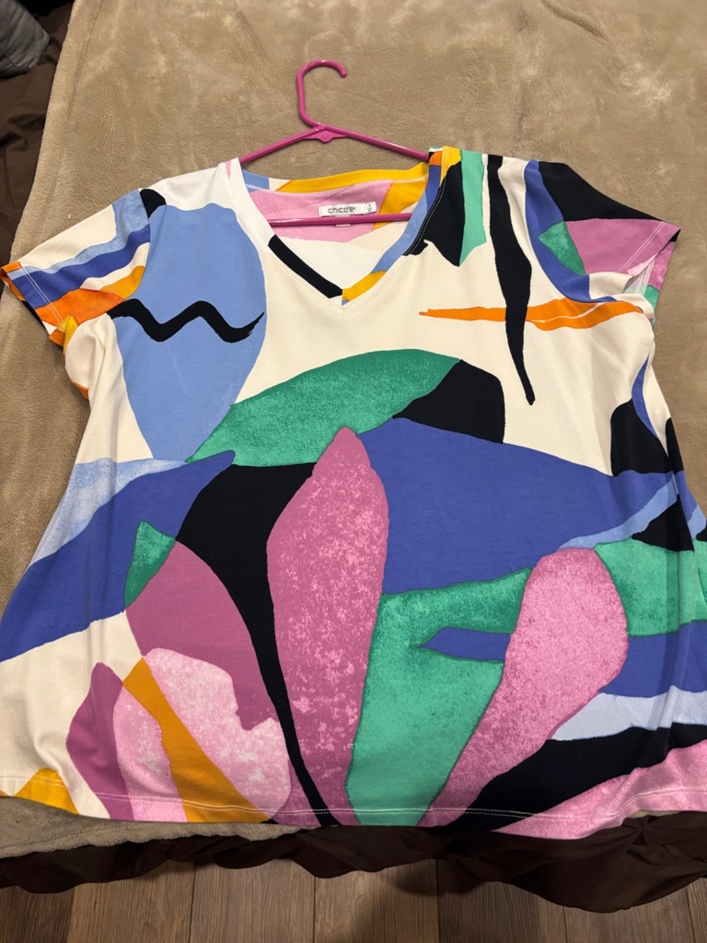 Chico's V-Neck Short Sleeve Top in Pink, Green, Blue, Black and Cream